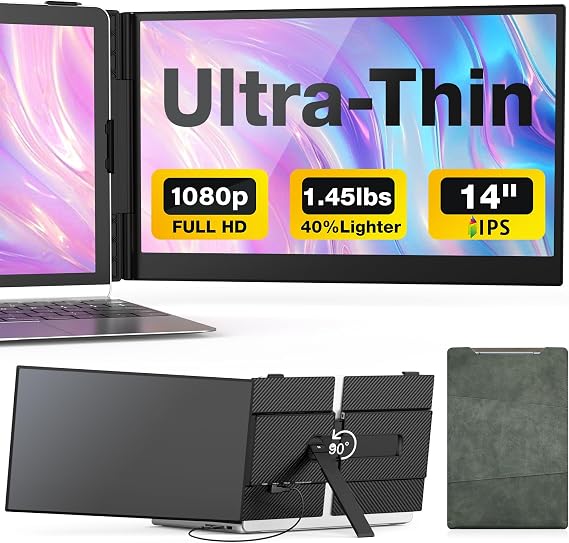 Laptop Screen Extender, 14" Ultra Thin & Lightweight, 1080P FHD Portable Travel Monitor, Plug & Play, Laptop Extension Monitor Portable, for 13-17 Inch Laptops, Compatible with Win/Mac/Chrome/Linux