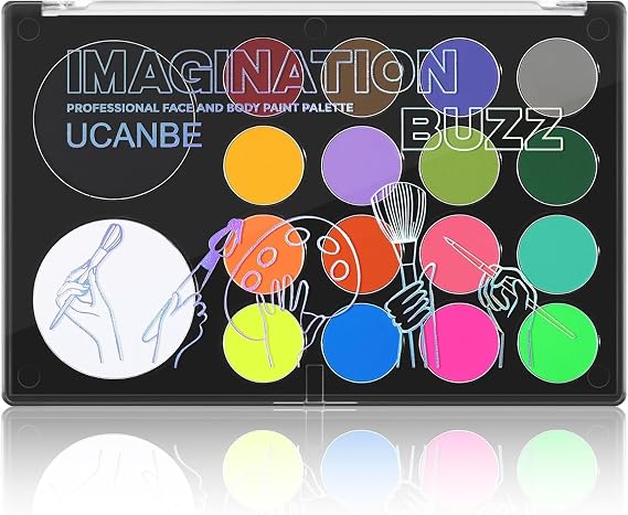 UCANBE Face Body Paint 18 Colors, Water Based Face Painting Kit with Large White Black & Neon Glow UV Facepaint SFX Makeup Palette for Halloween Party Costume Cosplay & Stage Art Make Up