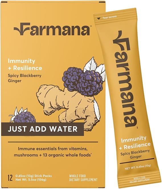 Immunity + Resilience Daily Immune Support Drink Mix with Vitamin C, D3, Zinc, Quercetin, Mushrooms & Botanicals Spicy BlackBerry Ginger-Cayenne 12 Stick Packs