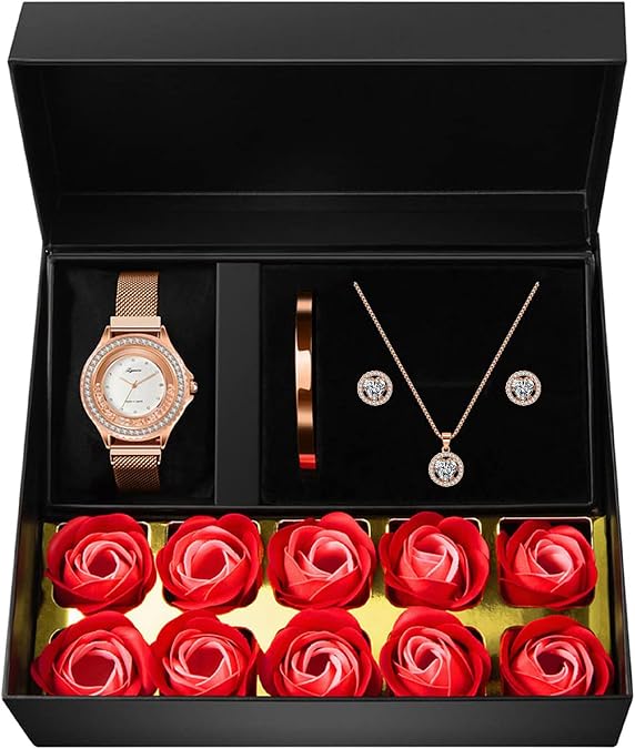Gifts for Women Jewelry Sets, 4 Pieces Rose Gold Women's Watch Necklace Earring Bracelet Birthday Gifts for Women's Jewelry Sets for Women Gift for Wife Girlfriend Her Birthday Gift for Mom Mother