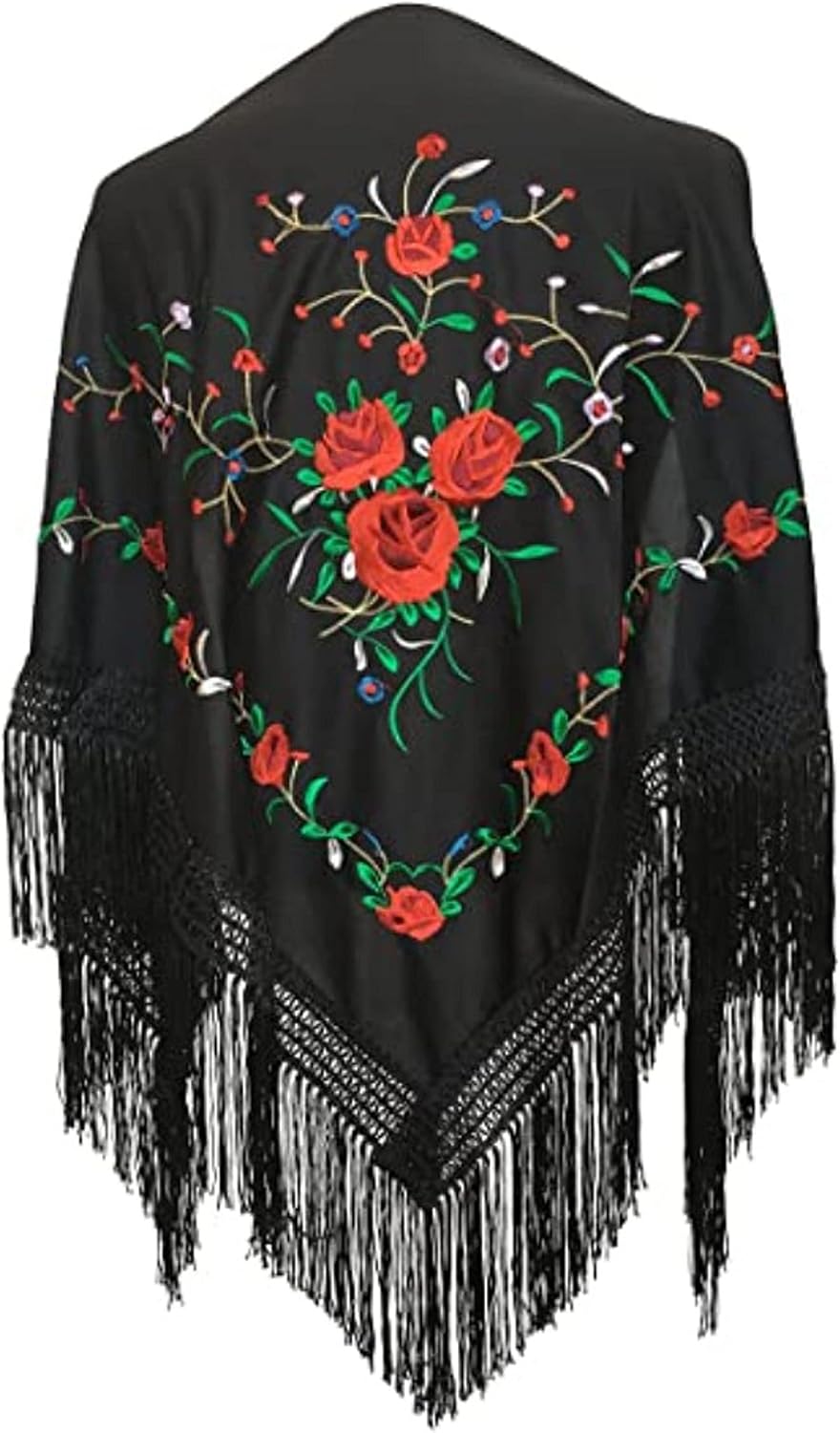 AMINA Medium Peak Shawl Triangular Flamingo or Sevillanas (170 x 70 cm) Black Embroidered Red/Green