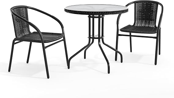 Flash Furniture Lila 28'' Round Glass Metal Table with Black Rattan Edging and 2 Black Rattan Stack Chairs