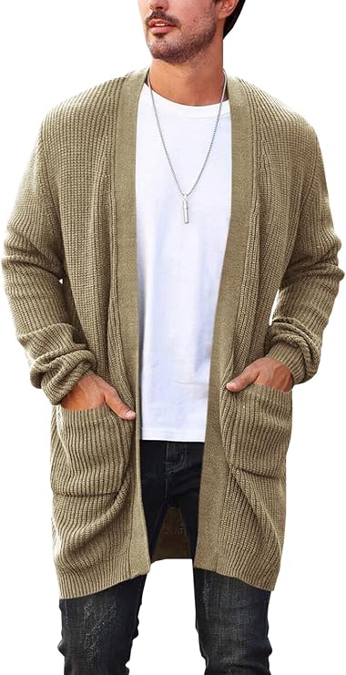Runcati Mens Long Cardigan Casual Open Front Cable Knit V Neck Sweaters