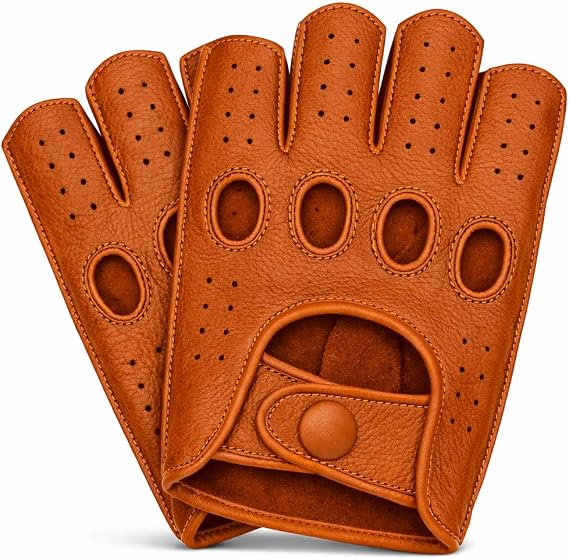 Riparo Mens Fingerless Leather Driving Gloves Genuine Cowhide Half-Finger Motorcycle & Driving Gloves Reverse Stitched Vintage Motorsport Style Breathable Classic Motoring Gloves