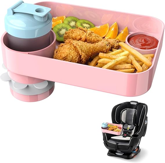 Car Seat Snack Tray for Toddlers, Large Square Travel Tray for Road Trips (1, Pink)