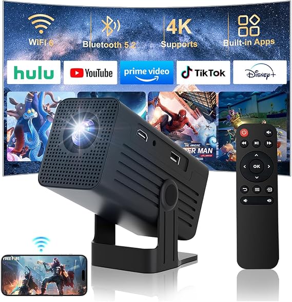 Mini Projector With Wifi And Bluetooth 4K Support Portable Movie Projector | Smart Bedroom Outdoor Projector, Built-in Apps, Auto Keystone,135 Rotation Supports Smartphones/TV Stick/PS5/Laptop/HDMI/USB