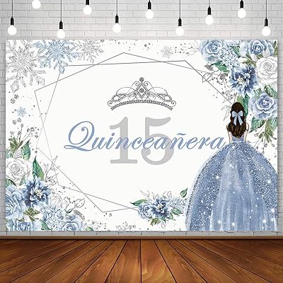 Sendy 7x5ft Quinceanera 15th Birthday Backdrop for Sweet Girl Mis Quince Anos 15th Birthday Party Decorations Blue Silver Glitter Floral Crown Snowflake Banner Photography Background Cake Table Prop