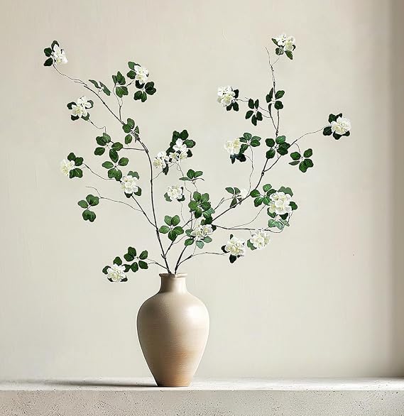 Artificial Plants Greenery Leaf with Flowers, 115cm Tall Faux Eucalyptus Branches Fake Green Plants Stems Silk Leaf Ficus Twig Long Plants for Vase Home Party Wedding Garden Decorations (2)