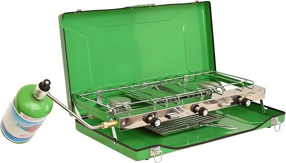 Flame King YSNBBQ-136M 3-Burner Portable Camping Stove Grill w/Toast Tray, Great for Outdoor Cooking, Backpacking, Hiking, Emergency, Compatible with 1LB Propane Gas Bottle
