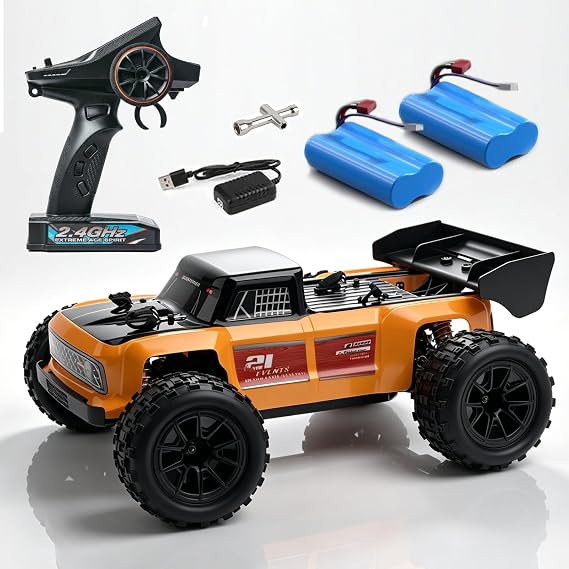All Terrain 1:14 Scale 4WD Off Road RC Car, 48KM/H High Speed Racing Truck, Aluminium Alloy Chassis, 2.4Ghz Remote Control, Carbon Brush Motor, 2 Rechargeable 7.4V 1500mAh Battery, Birthday Gifts