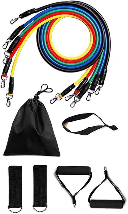 Resistance Bands Set (11pcs) Including 5 Stackable Exercise Bands with Door Anchors, 2 Foam Grips, 2 Metal Base Ring & Carrying Pouch - Home Workouts, Fitness Training, Yoga