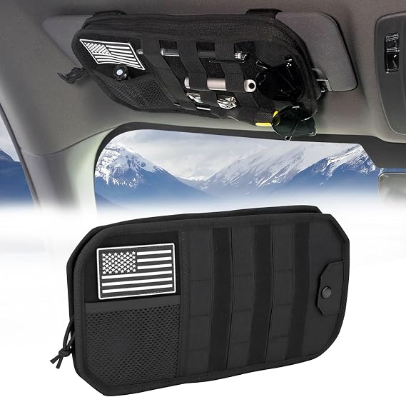 Hiseanllo Car Sun Visor Organizer, Multi-Pocket Visor Organizer Storage Pouch with Zippers, Elastic Bands & Glasses Clip, Car Visor Accessories