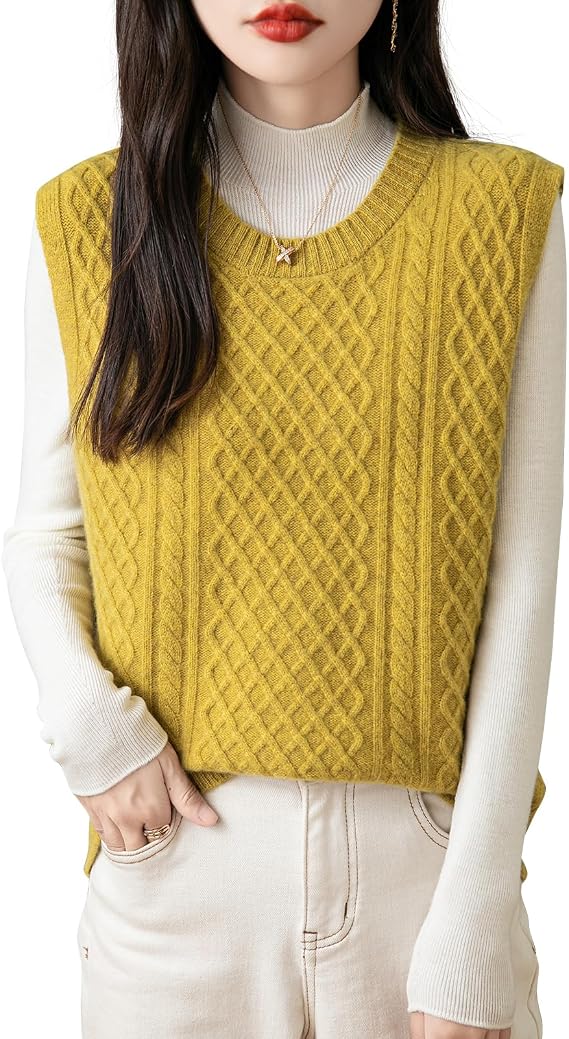 Chanyarn Women's 100% Merino Wool Sweater Vest 2024 Fall Winter Vintage Cable Crew Neck Sleeveless Knit Sweater Vest