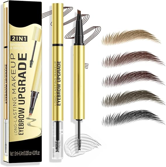Eyebrow Pencil, Microblading Eyebrow Pen with 4 Fork Tip, 2-In-1 Dual-Ended Eye Brow Pencil with Gel, Precise Brush Create Natural Hair-Like Brows, Waterproof, Last All Day, Defined (Dark Brown)