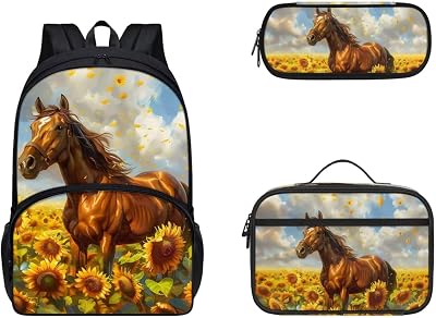 Gomyblomy Sunflower Horse Backpack for Girls Backpacks with Lunch Box Set 3 in 1 Girls School Bag Ages 8-10 10-12 12-14 Kids Bookbag 3rd Grade Back Pack Lightweight Travel Rucksack for Teens