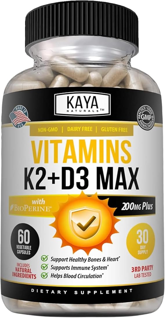 Kaya Naturals Vitamins K2 with D3 5000IU Supplement for Men and Women - Easy to Swallow - Bioperine Capsules (60 Count (Pack of 1)