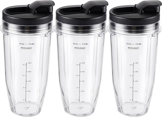 Ninja Blender Cups Replacement 24oz Compatible with Ninja BN401, BL450, BL456, BL480, BL2012, BN751, BN801, SS101, SS151 3 Pack with To-Go Lids