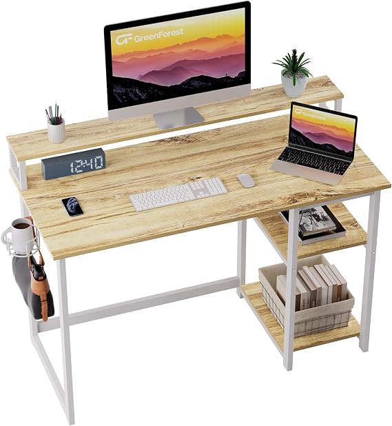 GreenForest Computer Desk with Full Monitor Stand,100 cm Home Office Desk with Reversible Storage Shelves,Small Study Desk with Headphone Hook and Cup Holder,Oak