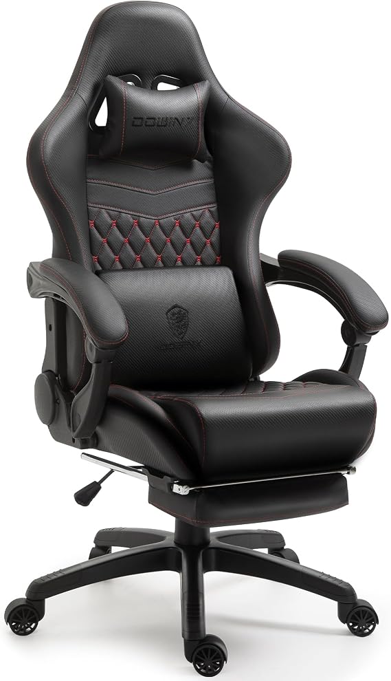 Dowinx Gaming/Office PC Chair with Massage Lumbar Support, Vintage Style PU Leather High Back Adjustable Swivel Task Chair with Footrest (Black and Red)