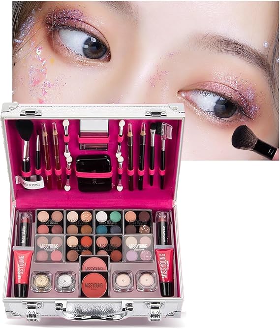 MISS YOUNG Full Beauty Makeup Makeup Set, 56 Piece Set of Cosmetics Lipstick, Eyeshadow, Cheek, Highlight, Eyeliner, Makeup Tool Set, Mirror, High Color, Waterproof, Sweat Proof, Long Lasting,