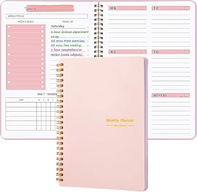 Undated Weekly Planner, A5 Personal Goals Journal Non Dated Weekly Planner to Do List Notebook with Goal Habit Tracker Organizer, Cute Undated Week Planners with Spiral Binding for Kids School Work