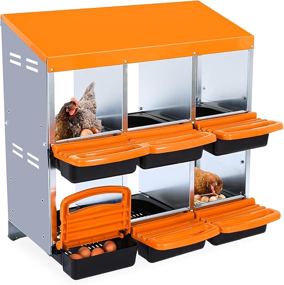 Chicken Nesting Box with 6 Compartment , Heavy Duty Metal Coop with Roll Away Egg Collection, Wall Mount/Free Standing Nest Box for Hen Chickens Ventilated & Perch
