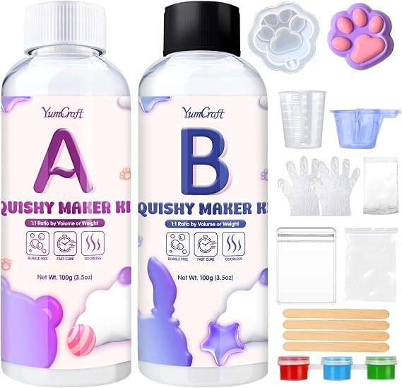 Liquid Silicone Taba Squishy Kit, 7oz 1:1 AB Ratio, Super Soft Fast Cure Silicone Rubber, Bubble Free DIY Squishy Maker with Cat's Paw Mold & Flocking Powder, Stress Relief Decompression Gift