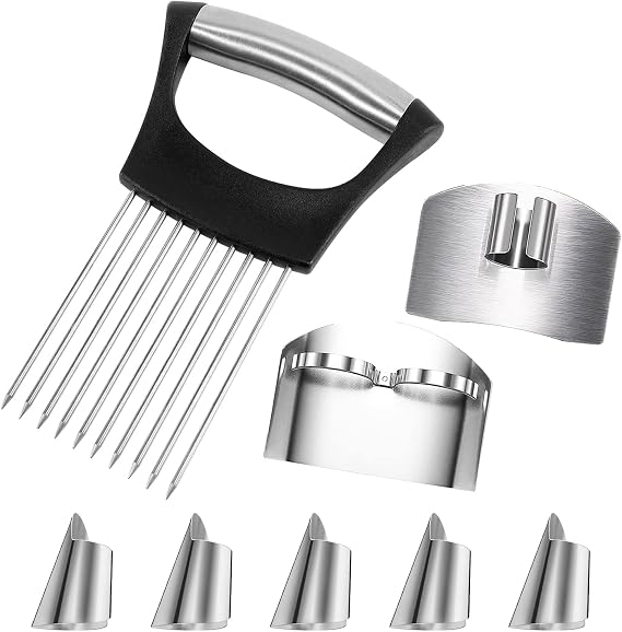 8 Pcs Kitchen Finger Guards Chopping Protector to Slice Fruit Meat | Stainless Steel Knife Ring Chopping Metal Cutting Shield Onion Holder Slicer Adjustable Finger Kitchen Tool