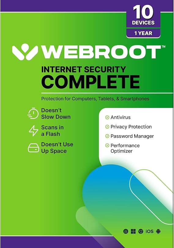 Webroot Internet Security Complete | Antivirus Software 2026 | 10 Device | 1 Year Keycard for PC/Mac/Chromebook/Android/IOS + Password Manager, Performance Optimizer | Packaged Version