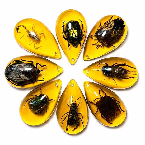 8 Pcs Amber Colored Resin Insect Specimens, Real Insects in Fossil Style Resin, Science Educational Bug Collection, Nature Study Samples, Home Decor Display, Oval Pendant Set