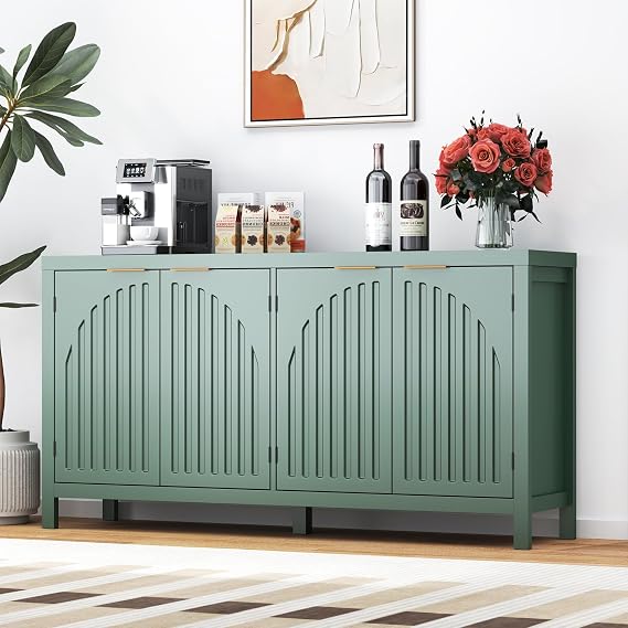 58" Modern Fluted Sideboard Buffet Cabinet with Storage, Modern Credenza with Arched Doors, Coffee Bar Table, Wood Media TV Console Table Credenza for Living Room Hallway Entryway (Green)