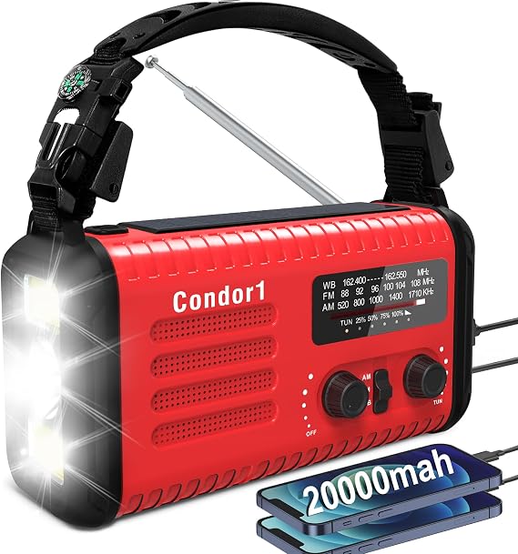 20000mAh 緊急ラジオ、ソーラーハンドクランク ポータブル AM FM NOAAラジオ、充電式バッテリー、SOSアラーム、懐中電灯、家庭、屋外緊急時の読書ランプレッド