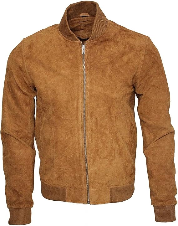 Mens Retro Tan Goat Suede Leather Bomber Varsity Jacket