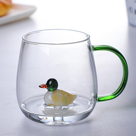 Animal Coffee Cup Cute Duck Inside - 400ML Clear Glass Coffee Cup with Handle,Novelty Animal Cups,Heat Resistant Cute Mugs Tea Cup Milk Cup Best for