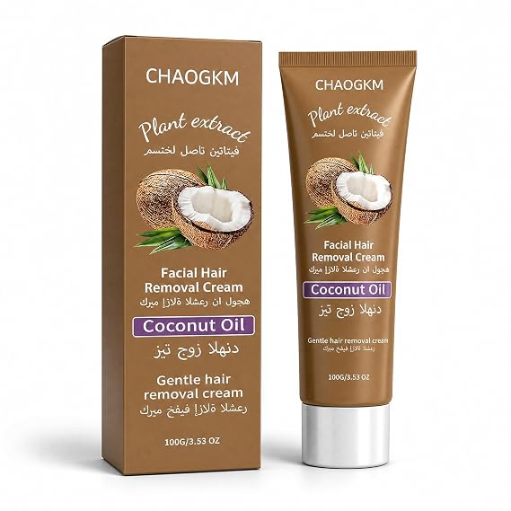 Coconut Oil Hair Removal Cream, Facial Hair Removal for Women | Infused with Coconut Oil for Gentle Hair Removal, Suitable for All Skin Types, Leaves Skin Clear & Pure, 3.53 OZ