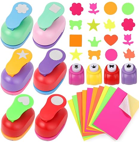 MAPVOLUT 20PCS Craft Hole Punch Set - 6 Large & 4 Mini Shape Punches (Stars, Hearts, Flowers) & 10 Sticker Papers | Scrapbooking, DIY Cards, Journals, School Projects