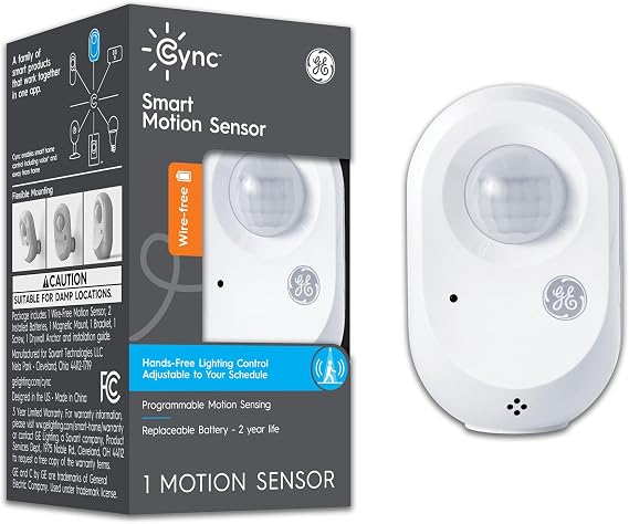 GE CYNC Wireless Smart Motion Sensor, Battery-Powered, White | Bluetooth Motion Sensor with Ambient Light Detection, Works with CYNC Smart Plugs, Switches and Bulbs