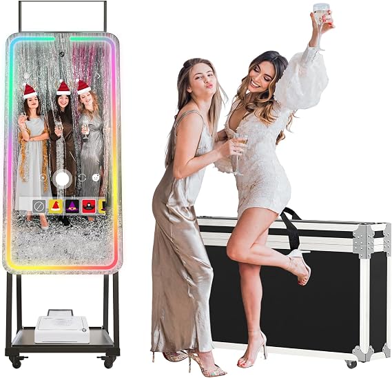 MWE Magic Mirror Photo Booth Machine Touch Screen with Printer,12MP 4K HD Camera,RGB Surround Light Music Sync,Professional Photography Light,Dual System,Software APP Remote Control (65n+Printer)