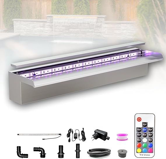 LONGRUN 60 cm Pond Waterfall Set 304 Stainless Steel Pool Waterfall Fountain with RGB LED and Remote Control Width 15 cm
