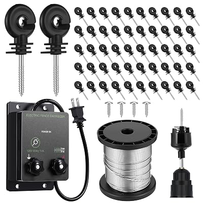 2-Mile 5000V 0.1Joule Electric Fence for Preventing Animals Intruding, 50 Black Fence Insulator and 1 Socket Tool, 250ft Aluminum Wire for Electric Fencing Grid System Accessories
