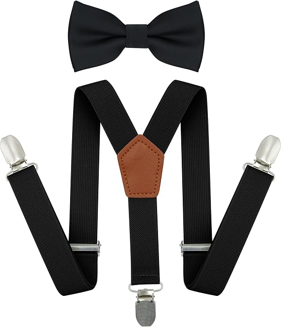 Kids Suspenders and Pre-tied Bow Tie Set, Elastic Boys Suspenders | Adjustable Baby Toddler Bowtie and Suspenders with Strong Metal Clips for Wedding Party