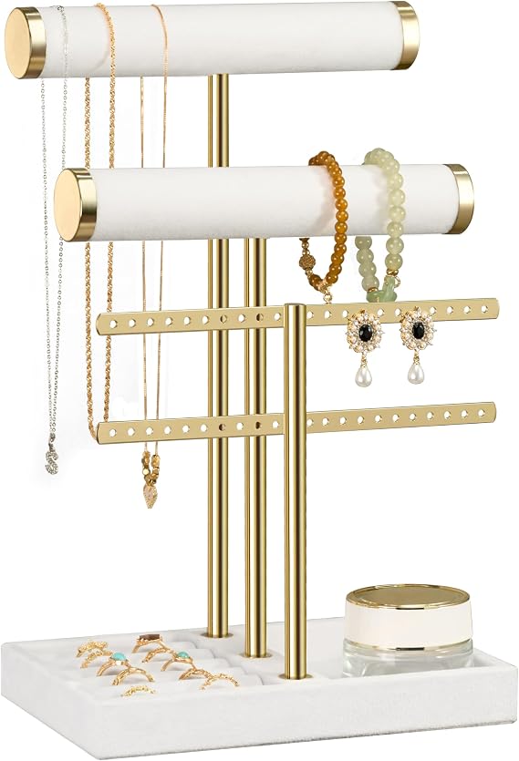 Josmimic 3 Tier Bracelet Holder Display - Detachable T Bar White Velvet Bracelet Holder, Jewelry Holder Organizer for Bracelet, Necklace, Watches, Rings