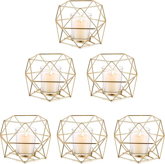 NUPTIO Tea Light Candle Holders - Votive Candle Holder for Tealight & Pillar Candles Geometric Gold Candle Stand for Wedding Table Reception Decor Birthday Party Gifts Home Mantel Centrepieces, 6 Pcs