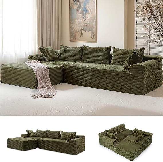 Korser 108" L-Shaped Modular Sectional Sofa with Chaise, Boneless Comfy Corduroy Fluffy Couch with Deep Seat and Side Pockets, Flexible Module Combination for Living Room, No Assembly, Side Pockets