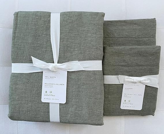 Pottery Barn Belgian Linen Flax Duvet Cover Full/Queen & Two Standard Shams ~Loden