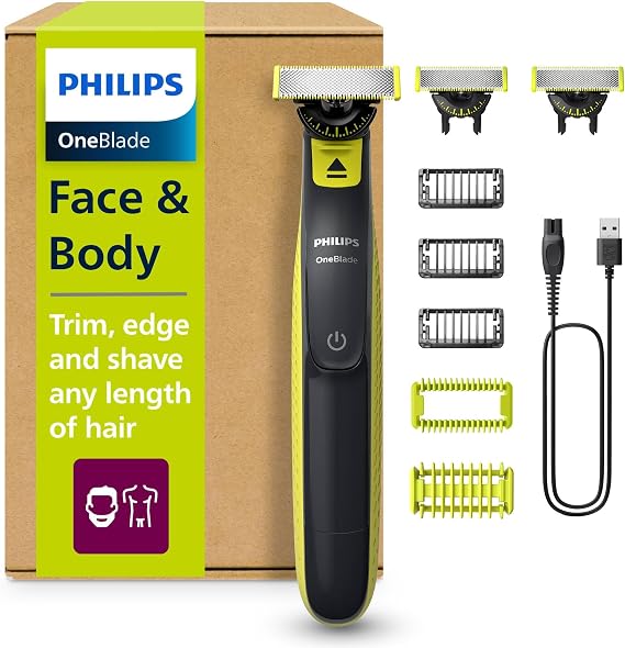 Philips OneBlade Hybrid 360 Blade Technology Electric Shaver for Face & Body, Beard Trimmer/Groomer with 3 x 360 Blade, 3 x Stubble Comb (1,3,5mm) & 1x Body Kit, Model QP2824/31