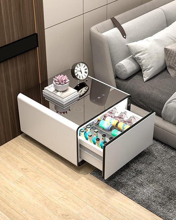 LIVTAB Smart Side Table with Built-in Fridge, 27.8" D x 26.5" W x 18.1" H, White