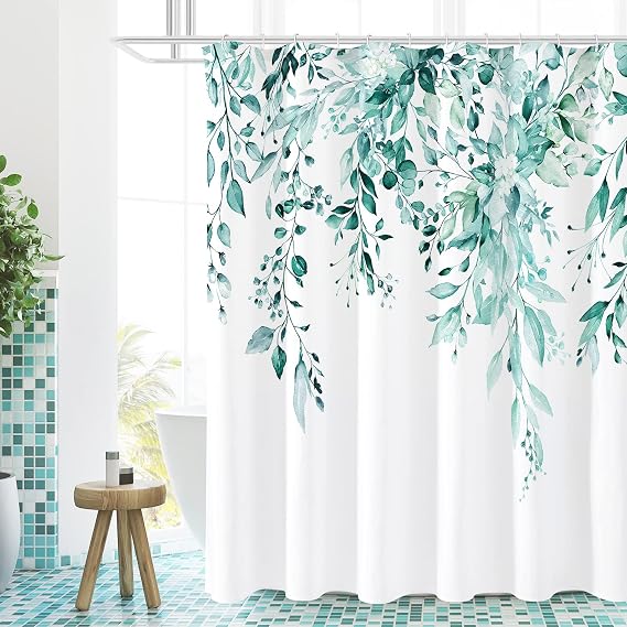 Gibelle Teal Eucalyptus Shower Curtain, 72x72 Watercolor Plant Leaves with Floral Bathroom Shower Curtain Set