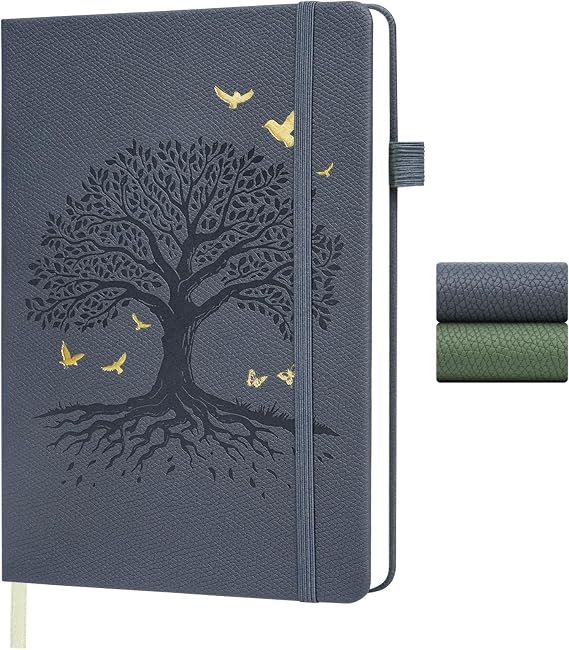 A5 Journal Notebook, 200 Pages A5 Notebook, Tree of Life Embossed Hardcover Leather Lined Note Book, Journals for Women Men, Notepad for Diary, Office, School, Travel, 14.5 x 21cm (Grey)