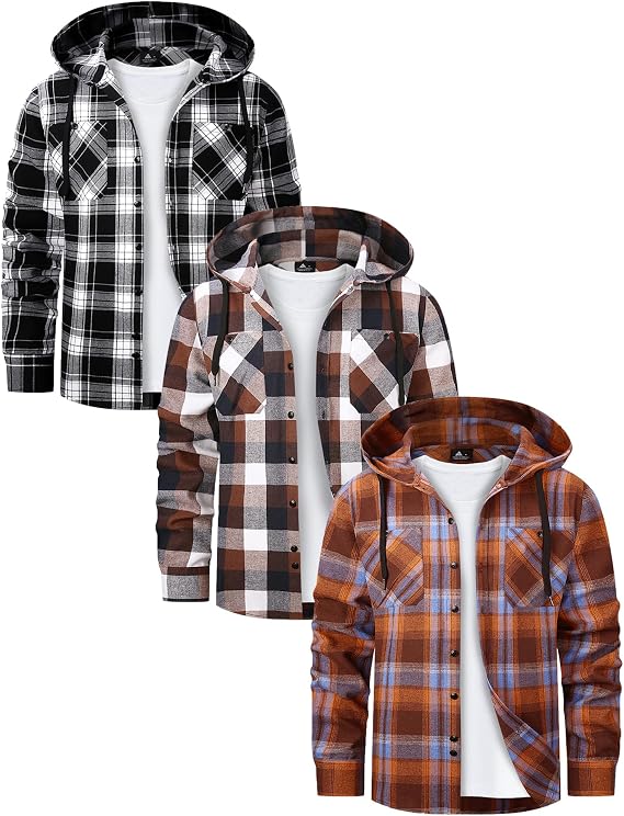 Mens Hooded Flannel Shirts Hoodie Shirt Lightweight Long Sleeve Casual Plaid Button Down Jackets Stylish with Pocket